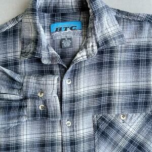 BTC Mens Grey Plaid Flannel Button Down Shirt M repaired cotton long sleeve warm